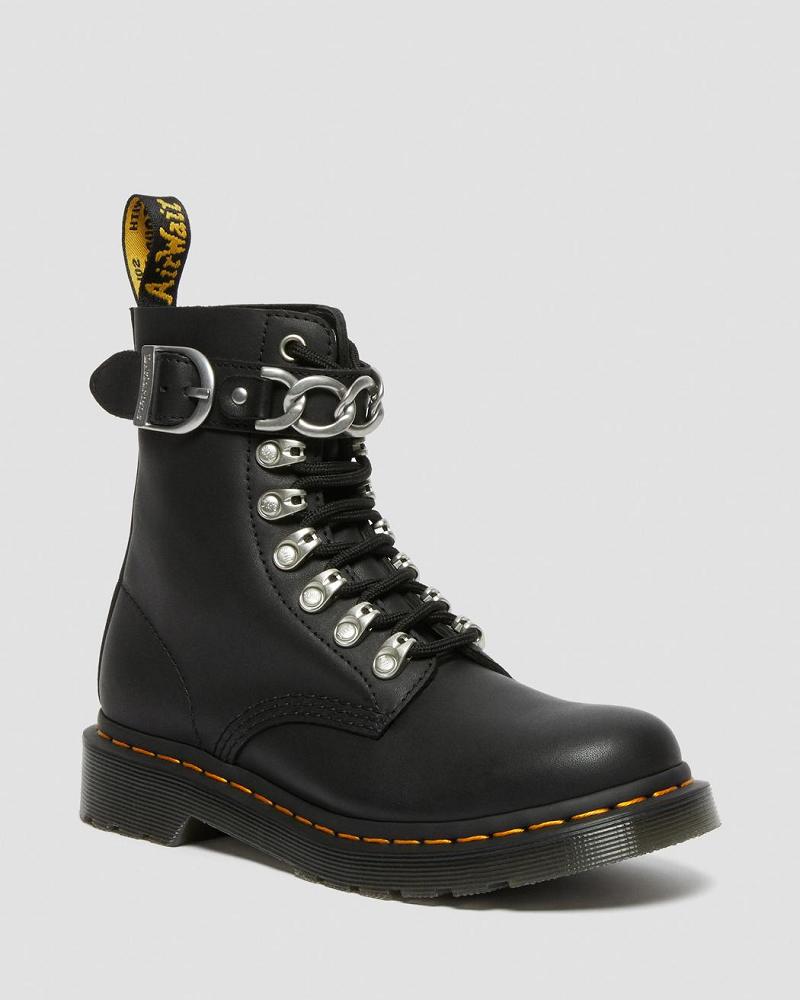 Black Women\'s Dr Martens 1460 Pascal Chain Leather Lace Up Boots | CA 181FDN